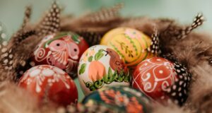 red green and yellow floral egg decors