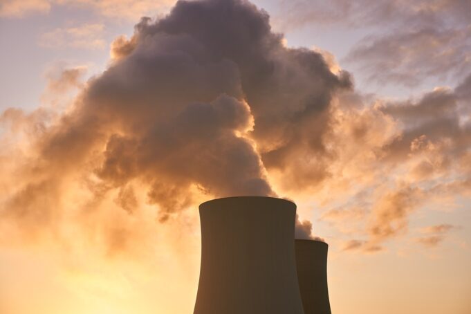 nuclear power plant, cooling tower, water vapor