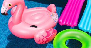 pink inflatable flamingo and green inflatable ring