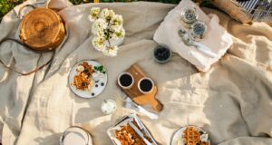 a table with plates and food on it