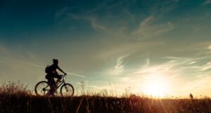a person riding a bike in a field at sunset