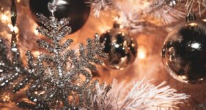 selective focus photography of gray Christmas bauble and snowflakes