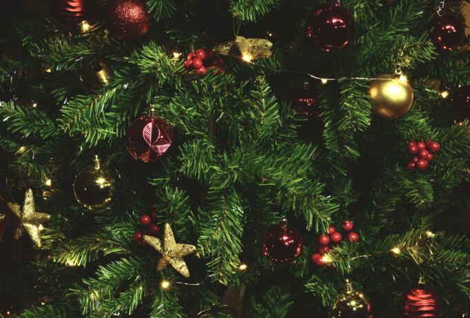 a close up of a christmas tree with ornaments