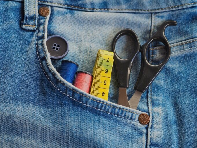 jeans, sewing supplies, sew, yarn, scissors, tape measure, handwork, tools, tools, tools, tools, tools, tools