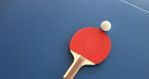 red and brown wooden table tennis racket