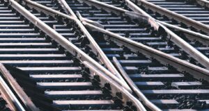 a close up view of a train track